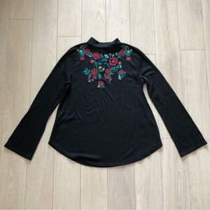 Loft Floral Embroidery Mock Neck Long Sleeve Top in Black